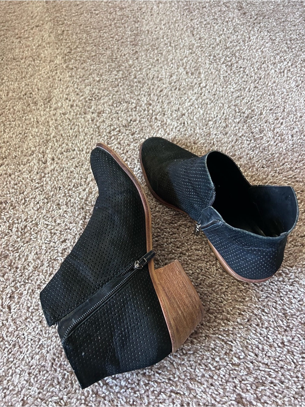 Vince Camuto Black Suede Perforated Ankle Booties with Low Wooden Heel - Picture 3 of 6